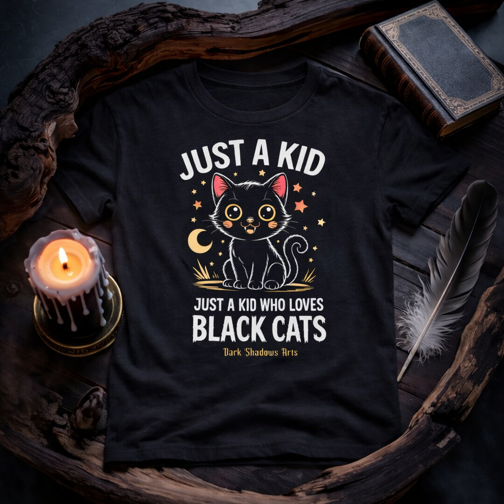 Schwarzes Dark Shadows Arts Kinder T-Shirt im düsteren 1:1 Mockup mit Kerze, Feder und Buch auf Holzuntergrund – „Just a Kid Who Loves Black Cats“ süßes schwarzes Katzen Design mit Mond und Sternen für kleine Halloween Fans