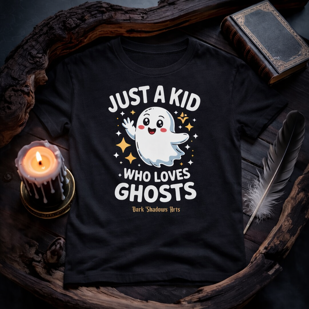 Schwarzes Dark Shadows Arts Kinder T-Shirt im düsteren 1:1 Mockup mit Kerze, Feder und Buch auf Holzuntergrund – „Just a Kid Who Loves Ghosts“ süßes Geist Design für kleine Halloween und Spuk Fans.