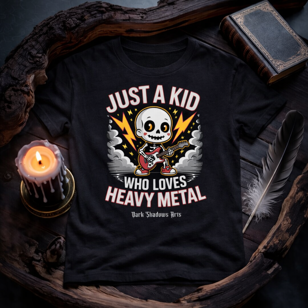 Schwarzes Dark Shadows Arts Kinder T-Shirt im düsteren 1:1 Mockup mit Kerze, Feder und Buch auf Holzuntergrund – „Just a Kid Who Loves Heavy Metal“ süßes Skelett mit E-Gitarre Design für kleine Metal Fans.