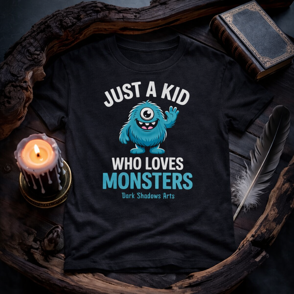 Schwarzes Dark Shadows Arts Kinder T-Shirt im düsteren 1:1 Mockup mit Kerze, Feder und Buch auf Holzuntergrund – „Just a Kid Who Loves Monsters“ süßes blaues Monster Design für kleine Halloween Fans.
