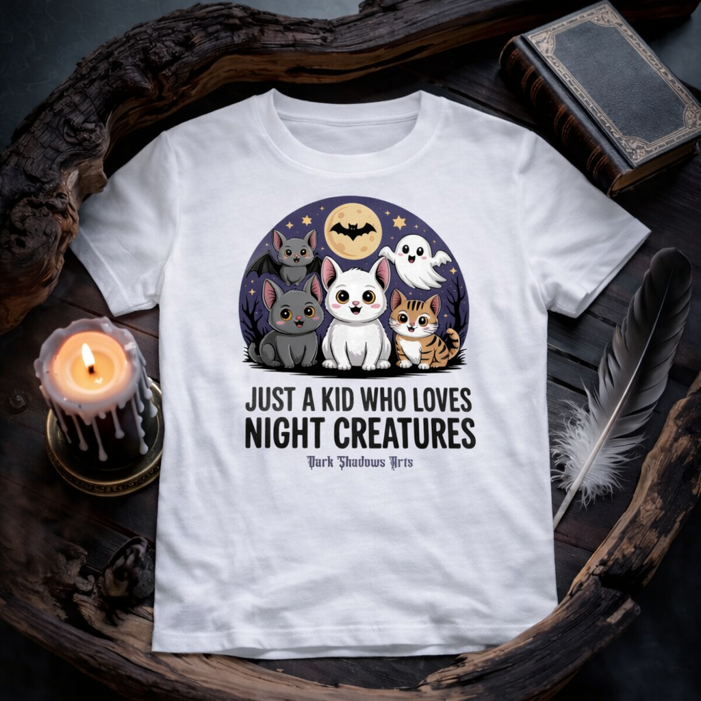 Weißes Dark Shadows Arts Kinder T-Shirt im düsteren 1:1 Mockup mit Kerze, Feder und Buch auf Holzuntergrund – „Just a Kid Who Loves Night Creatures“ süßes Halloween Katzen, Fledermaus und Geist Design
