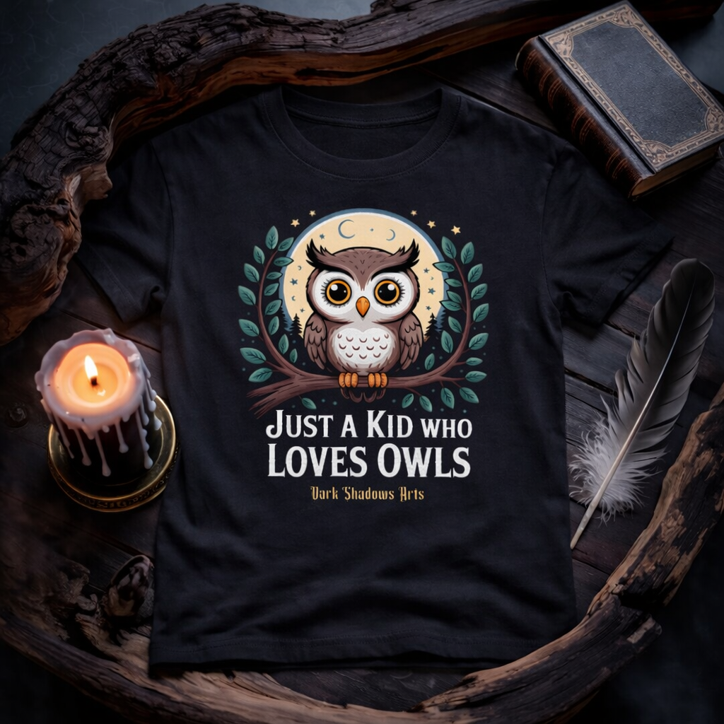 Schwarzes Dark Shadows Arts Kinder T-Shirt im düsteren 1:1 Mockup mit Kerze, Feder und Buch auf Holzuntergrund – „Just a Kid Who Loves Owls“ süßes Eulen Design mit Mond und Blättern für kleine Natur- und Halloween Fans.