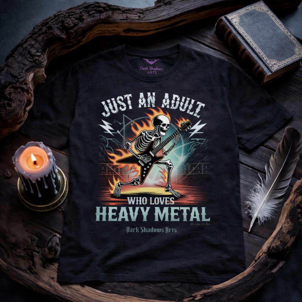 Just an Adult Who Loves Heavy Metal – Premium T-Shirt von Dark Shadows Arts mit brennendem Skelett-Gitarristen im düsteren Dark-Atmosphere-Mockup