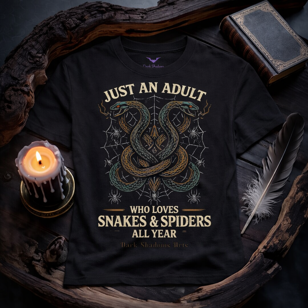 Premium schwarzes T-Shirt „Just an Adult Who Loves Snakes & Spiders All Year“ von Dark Shadows Arts mit zwei verschlungenen Schlangen, Spinnennetzen und Spinnen im okkulten Gothic-Stil, präsentiert im dunklen Holz-Mockup mit Kerze, Feder und altem Buch.