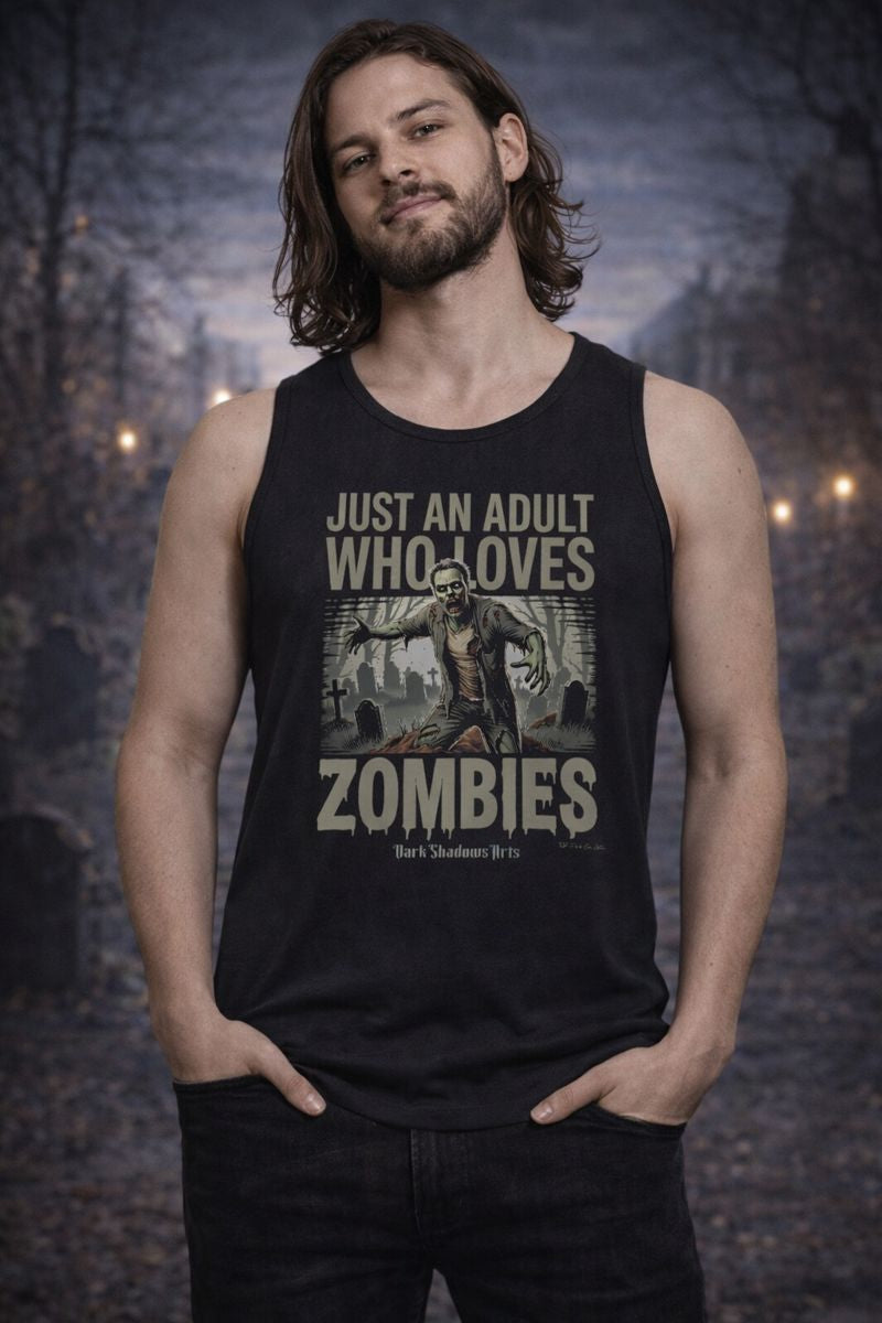 Classic Tanktop Herren mit Just an Adult Who Loves Zombies Motiv von Dark Shadows Arts im lässigen Fun-Horror-Look