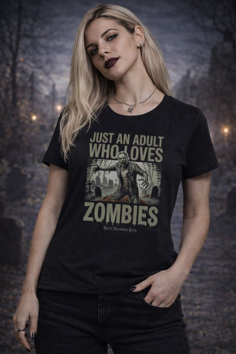 Premium Organic Shirt Women mit Just an Adult Who Loves Zombies Motiv von Dark Shadows Arts im lässigen Horror-Look