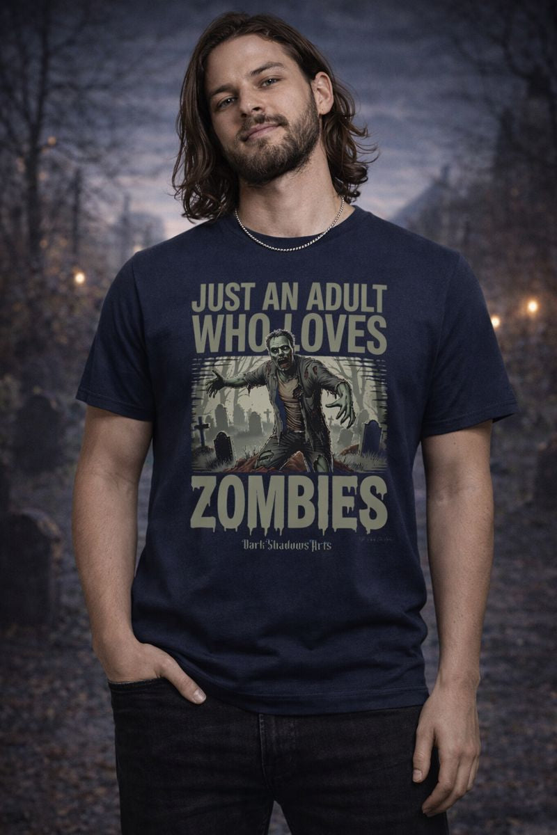 Premium T-Shirt mit Just an Adult Who Loves Zombies Motiv von Dark Shadows Arts im dunklen Lifestyle-Setting