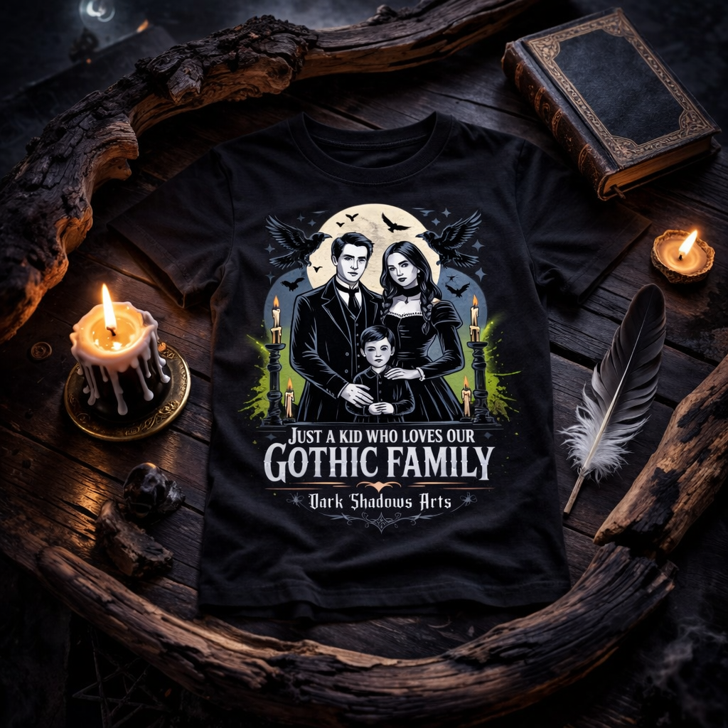 Dark Shadows Arts Kinder Gothic Family T-Shirt mit dunkler Familien Illustration, Raben und Kerzen im mystischen Kerzenlicht Mockup