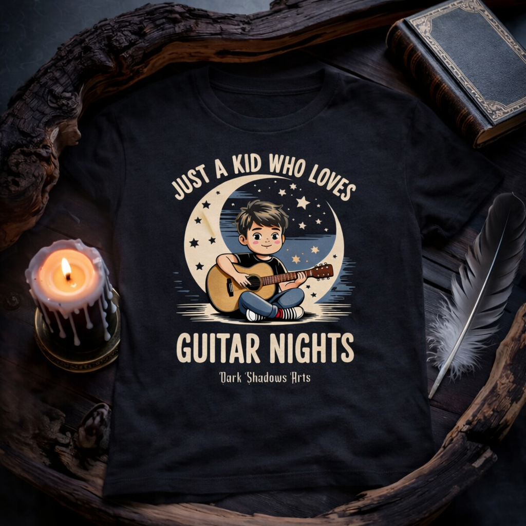 Dark Shadows Arts Kinder Guitar Nights T-Shirt mit süßem Jungen und Gitarre im mystischen Kerzenlicht Mockup