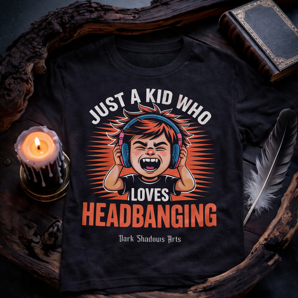 Dark Shadows Arts Kinder Headbanging T-Shirt mit lachendem Metal Kid und Kopfhörern im düsteren Kerzenlicht Mockup