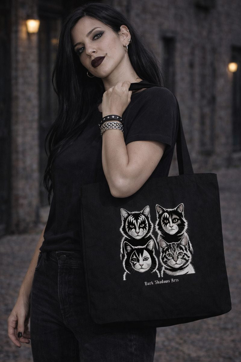Jutebeutel mit KISS Katzen Rockdesign von Dark Shadows Arts im lockeren Alltagslook