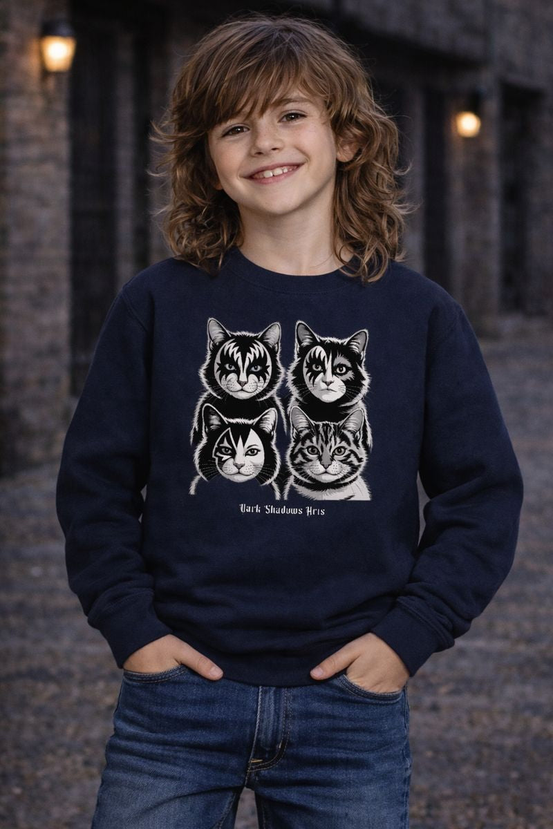 Kids Sweatshirt mit KISS Katzen Rockmotiv von Dark Shadows Arts im fröhlichen Alltagslook
