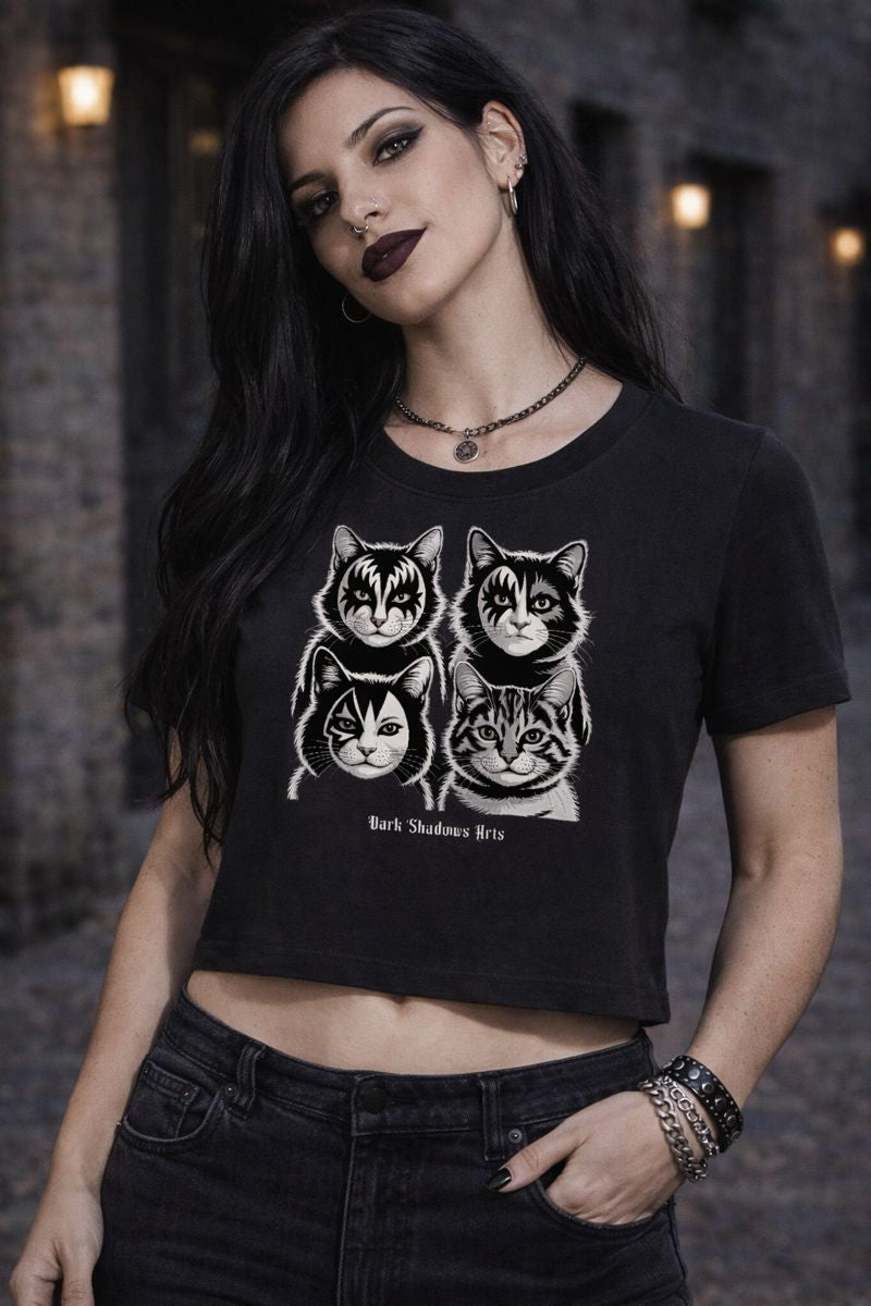 Ladies Cropped Tee mit KISS Katzen Rockmotiv von Dark Shadows Arts im urbanen Trend-Look