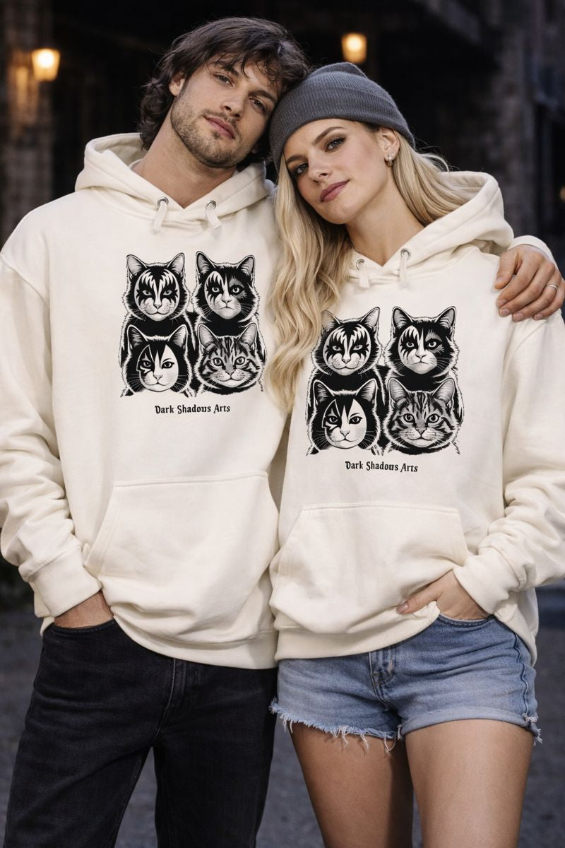 Oversized Hoodie mit KISS Katzen Rockdesign von Dark Shadows Arts im dunklen Szene-Lifestyle