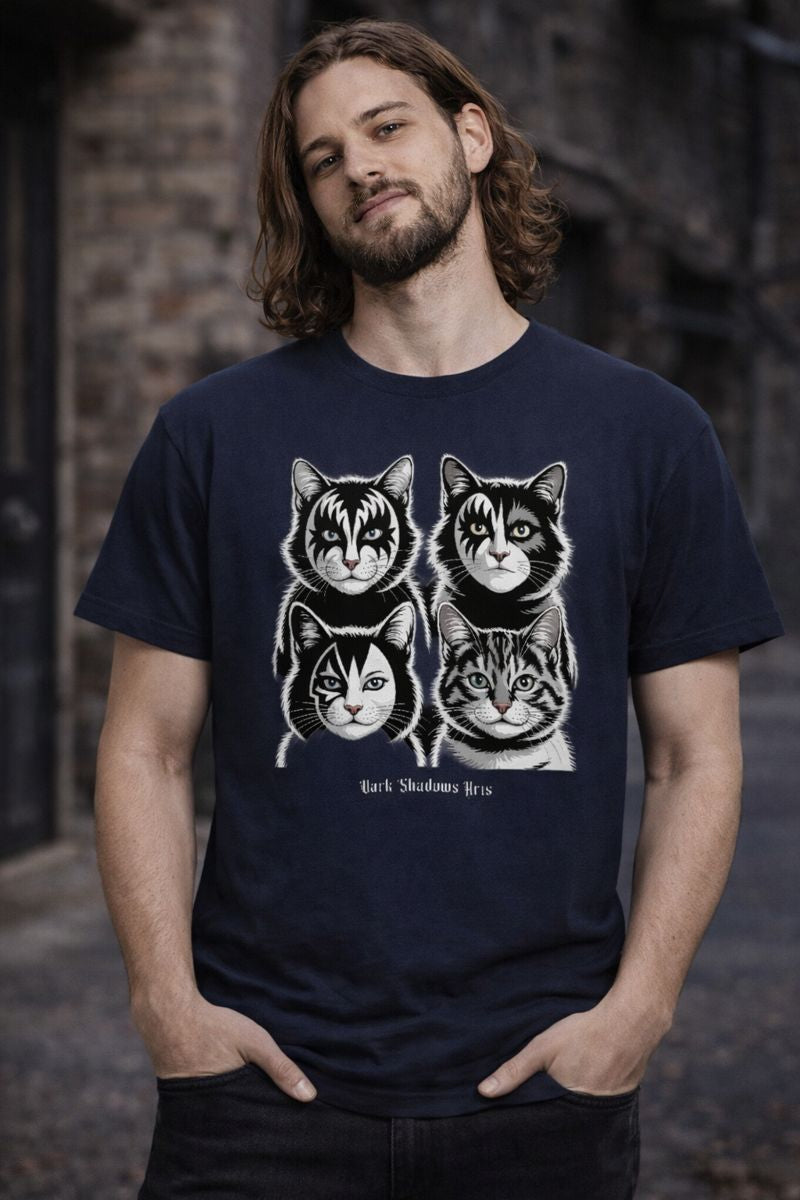 Premium T-Shirt mit KISS Katzen Rockmotiv von Dark Shadows Arts im lässigen Szene-Lifestyle