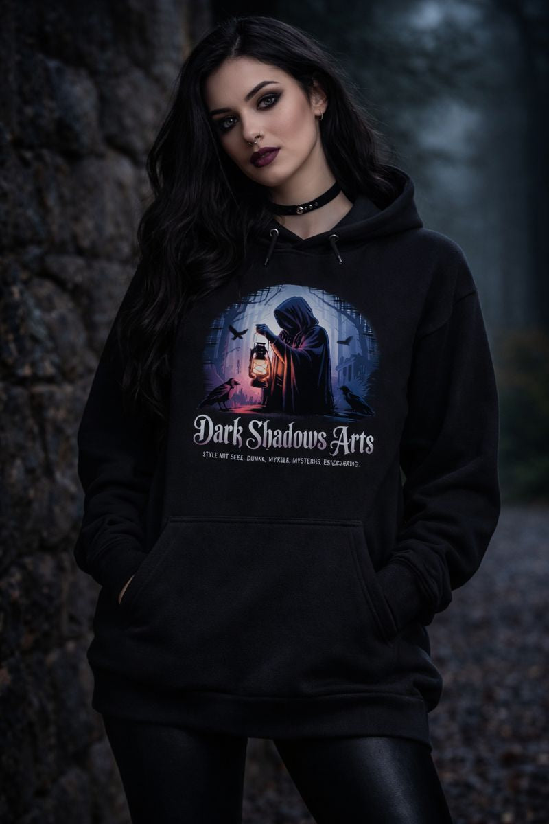 Premium Hoodie mit Lantern of the Silent Guardian von Dark Shadows Arts im düsteren, atmosphärischen Lifestyle-Look