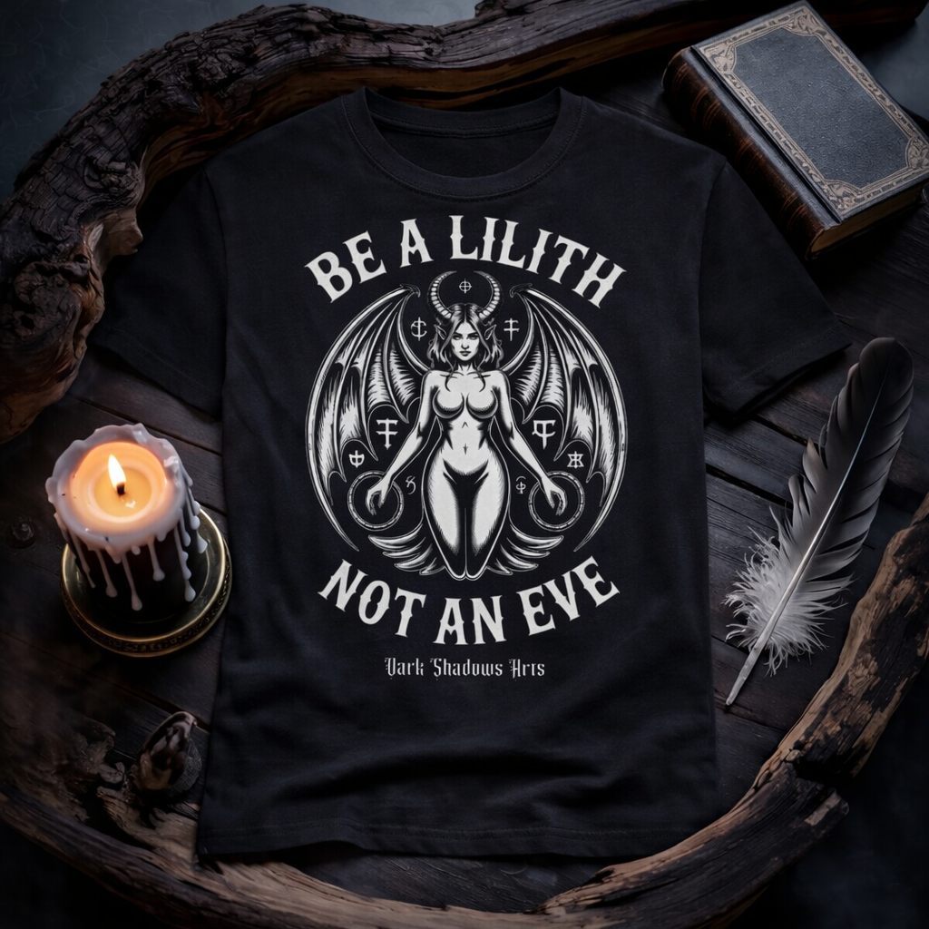 Dark Shadows Arts Premium T-Shirt „Lilith – Die Urfigur der Nacht“ mit okkulter Lilith Illustration, Fledermausflügeln und mystischen Symbolen im Gothic Stil, präsentiert im dunklen Holz-Mockup mit Kerze, Feder und altem Buch.