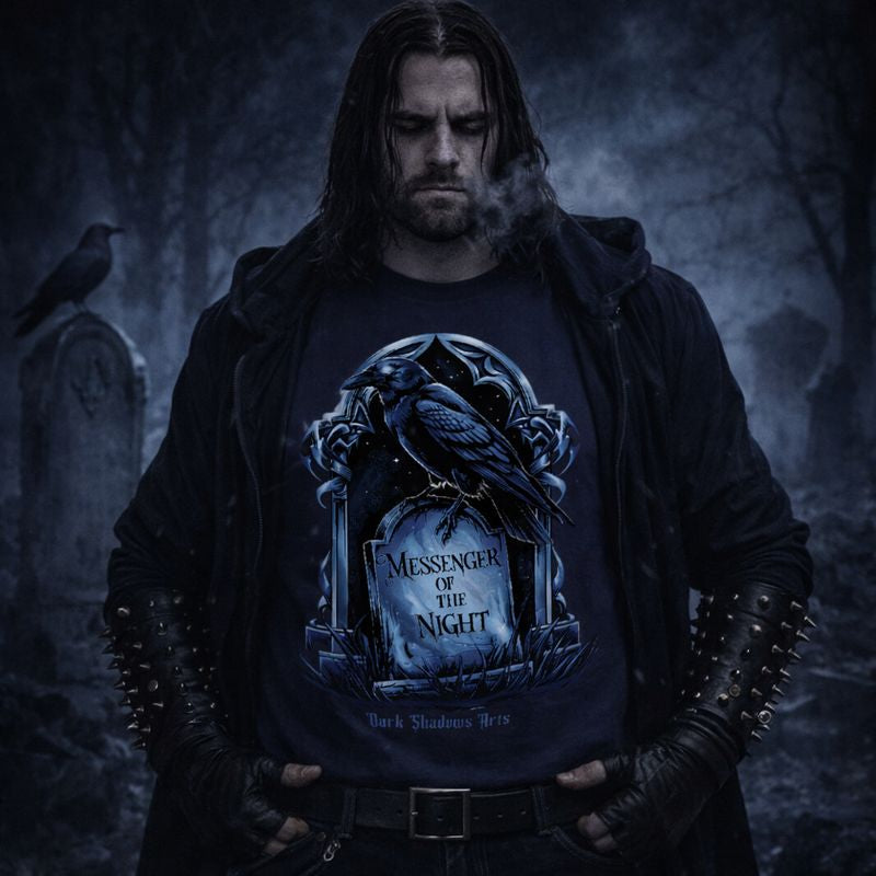 Premium Gothic T-Shirt „Messenger of the Night“ von Dark Shadows Arts mit Rabenmotiv auf Grabstein, düstere Nachtästhetik, Dark Romantic und Okkult Stil, getragen als hochwertiges Mockup
