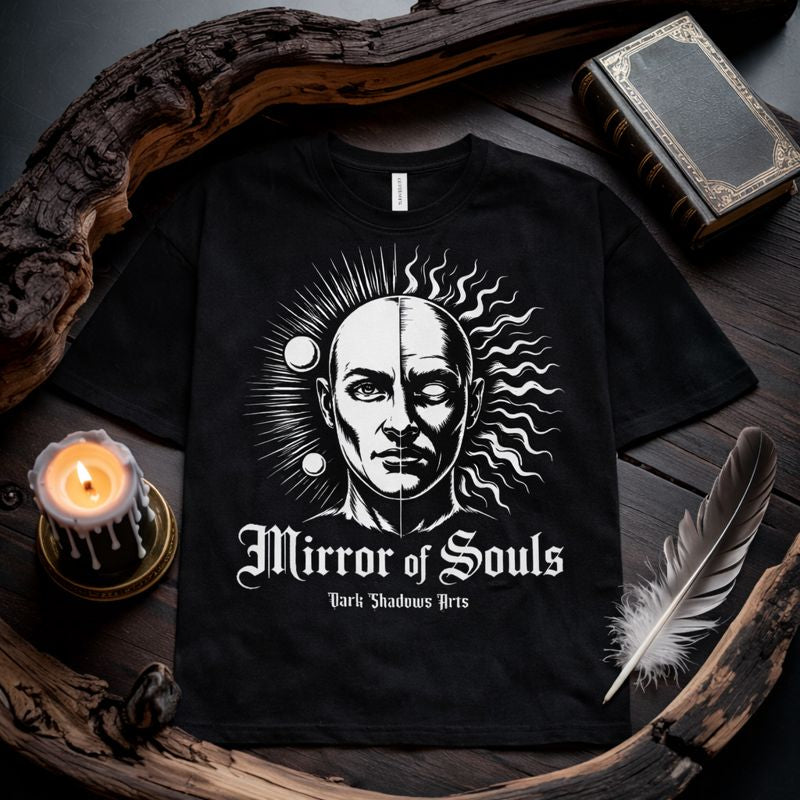 Dark Shadows Arts Premium Bio-Baumwoll T-Shirt „Mirror of Souls“ aus der Schattenpoesie-Kollektion mit geteilter Seelen-Illustration im mystischen Flatlay-Mockup