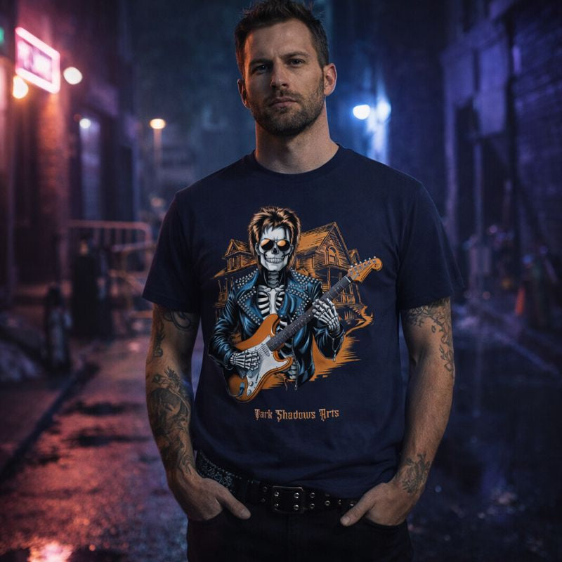 Neon Bones Rocker Premium T-Shirt von Dark Shadows Arts mit Skelett-Gitarrist, Dark Gothic Decibels Design, Rock- und Musikmotiv auf dunklem Shirt
