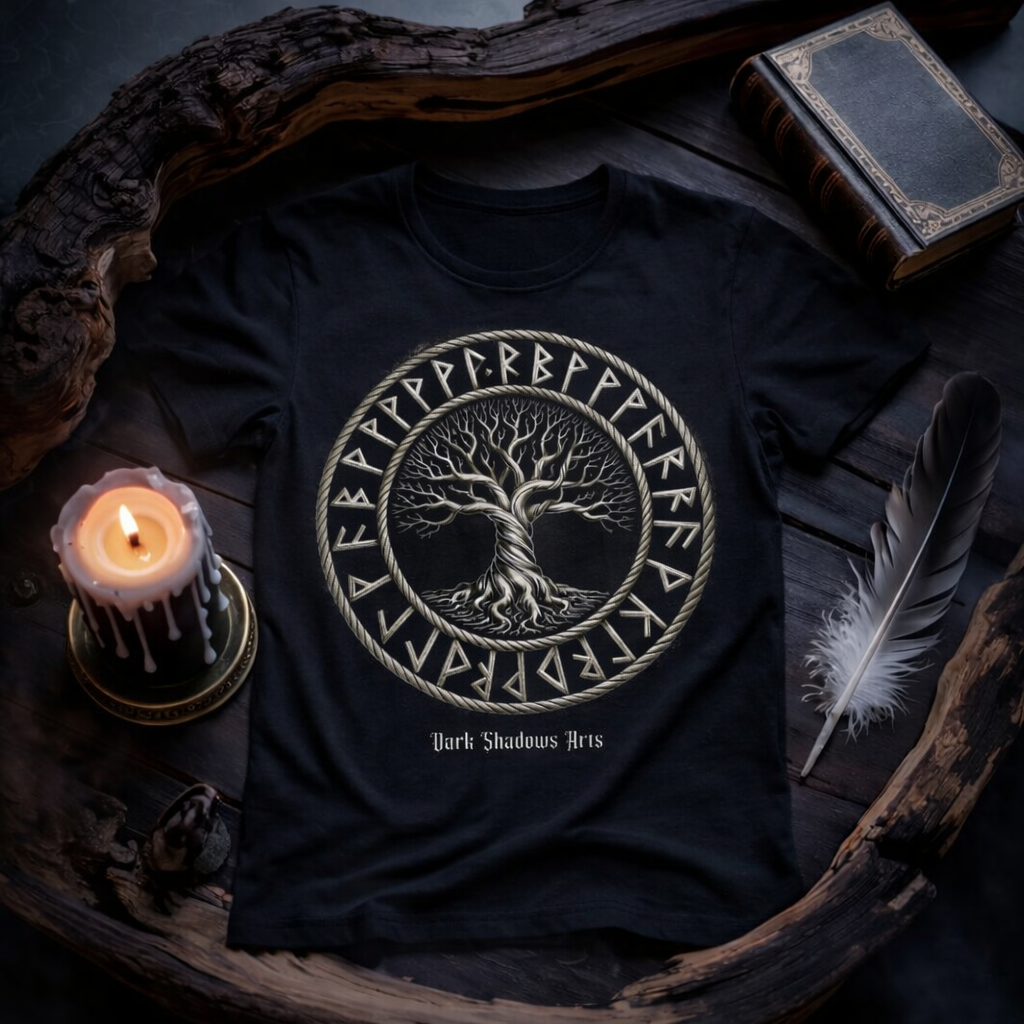 Dark Shadows Arts Weltenbaum der Runen T-Shirt im mystischen Holz Mockup mit Kerzenlicht und okkultem Setting