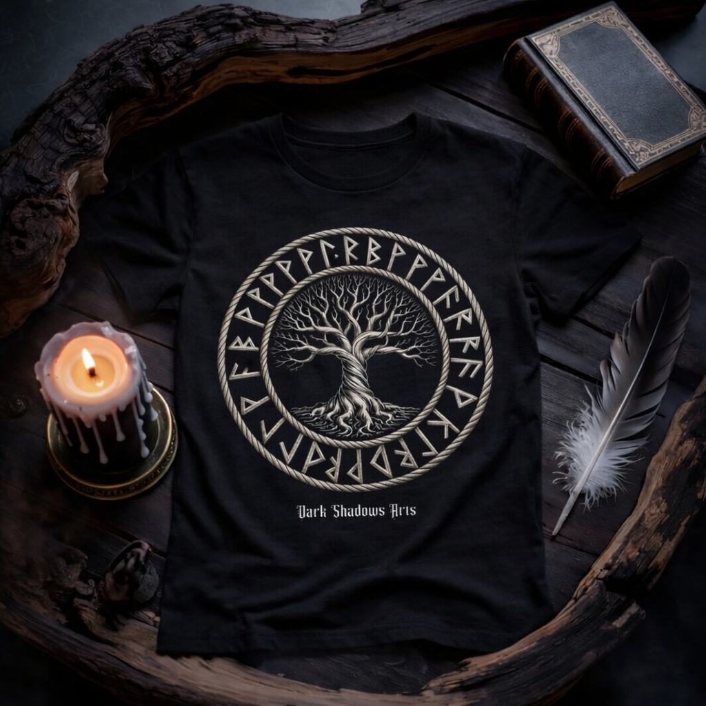 Dark Shadows Arts Weltenbaum der Runen T-Shirt mit nordischem Runenkreis und Yggdrasil Motiv im mystischen Kerzenlicht Mockup