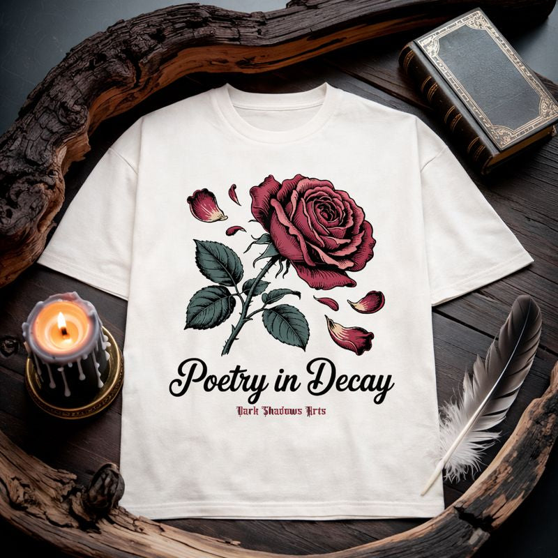 Dark Shadows Arts Premium TShirt mit Rosenmotiv „Poetry in Decay“, romantisches Gothic Design im düsteren Flatlay-Mockup