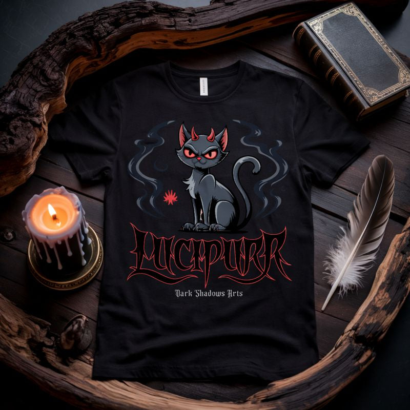 Dark Shadows Arts Premium Gothic T-Shirt in Schwarz mit dämonischer Katzen-Illustration „Lucipurr – Purr of Damnation“, humorvolles Dark-Fantasy-Design für Gothic-Fans, Katzenliebhaber und alternative Mode.