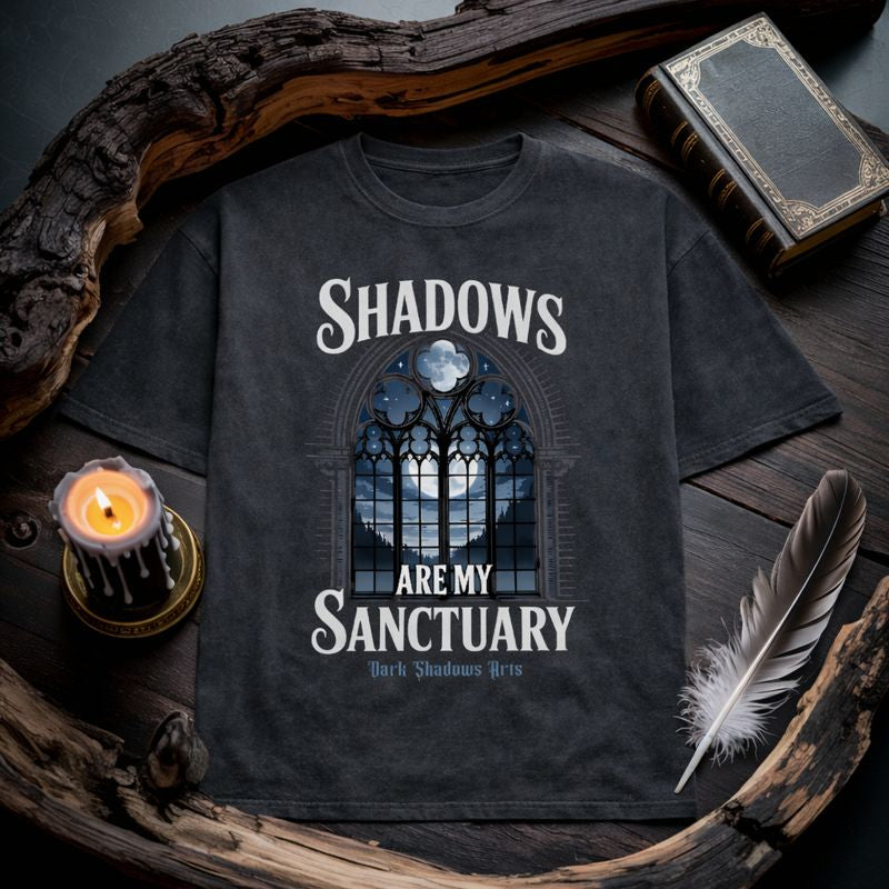 Dark Shadows Arts Premium Oversized Shirt „Shadows Are My Sanctuary“ mit gotischem Fenster-Motiv als hochwertiges 1:1 Lifestyle-Mockup