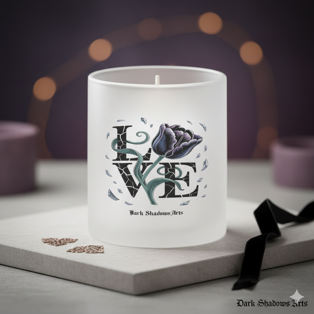 Satinierte Glastasse mit Shattered Bloom Tulpenmotiv von Dark Shadows Arts im ruhigen Dark-Romantic-Wohnsetting