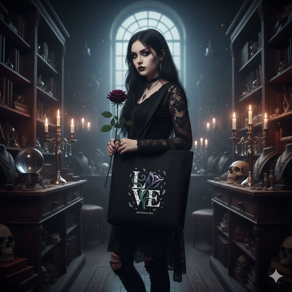 Jutebeutel mit Shattered Bloom Motiv von Dark Shadows Arts im stilvollen Dark-Romantic-Alltagslook