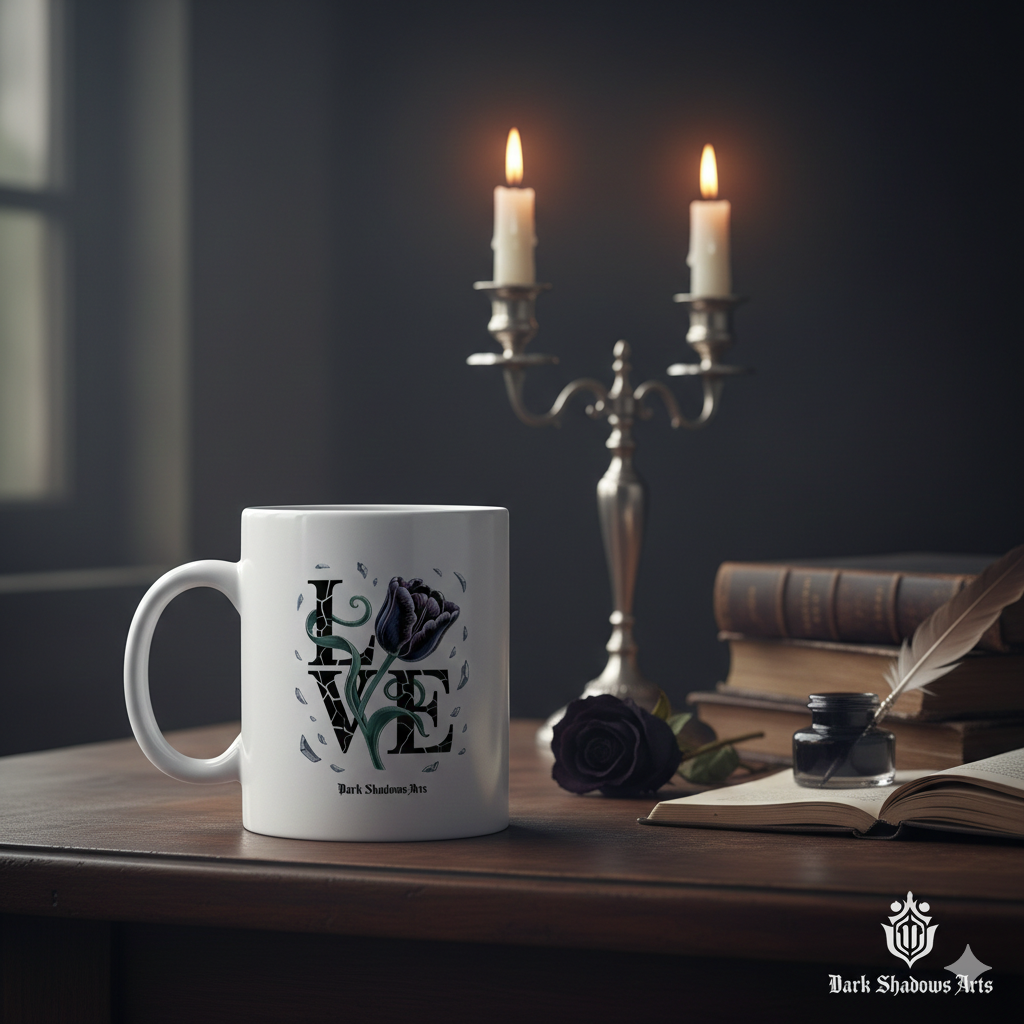 Keramiktasse mit Shattered Bloom Tulpenmotiv von Dark Shadows Arts im ruhigen Dark-Romantic-Wohnambiente