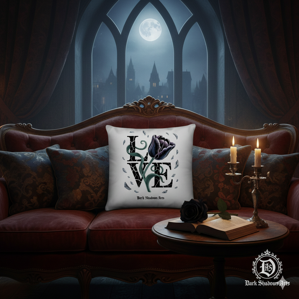 Kissen mit Shattered Bloom Motiv von Dark Shadows Arts im stillen Dark-Romantic-Wohnsetting