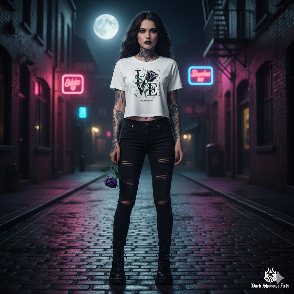 Ladies Cropped Tee mit Shattered Bloom Tulpenmotiv von Dark Shadows Arts im modernen Dark-Romantic-Look