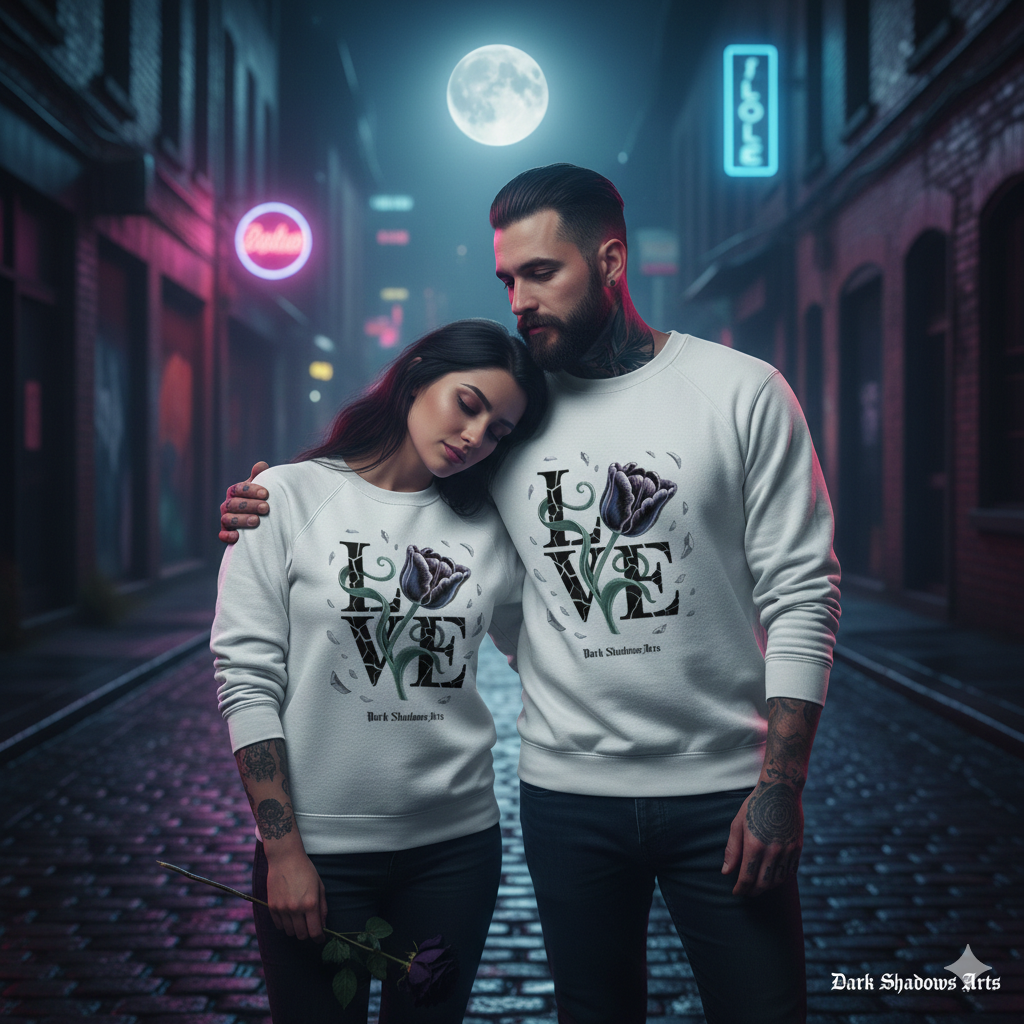 Sweatshirt mit Shattered Bloom Tulpenmotiv von Dark Shadows Arts im stillen Dark-Romantic-Setting