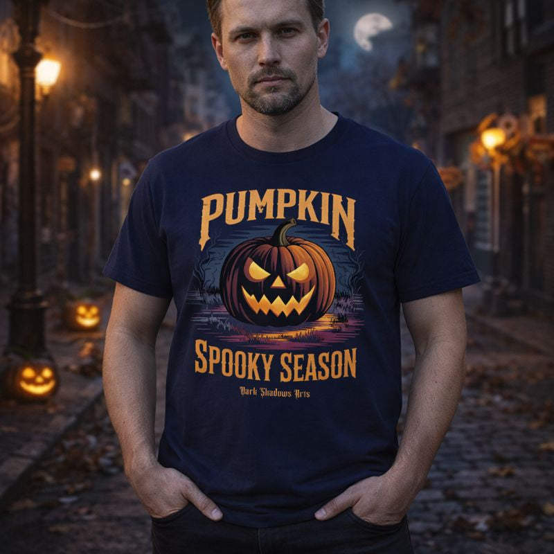 Dunkelblaues Premium T-Shirt mit Gothic Halloween Motiv „Spooky Season Pumpkin“, leuchtender Jack-o’-Lantern Kürbis mit grimmigem Gesicht vor düsterer Nachtlandschaft, Halloween Design von Dark Shadows Arts