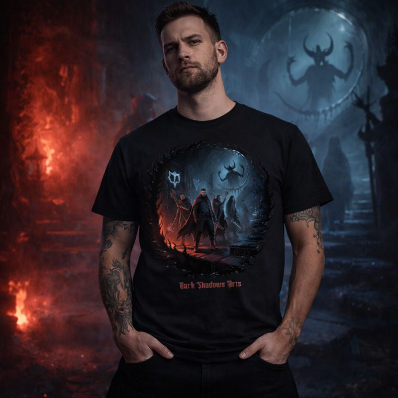 Dark Shadows Arts Gothic T-Shirt „The Black Covenant“ mit düsterem Ritualkreis, mystischen Wächtern und dunkler Fantasy-Szene in rot-blauem Licht