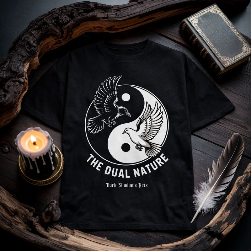 Dark Shadows Arts Premium Oversized Shirt „The Dual Nature“ mit Yin-Yang Vogelmotiv – schwarzes Oversized T-Shirt im mystischen Flatlay-Mockup