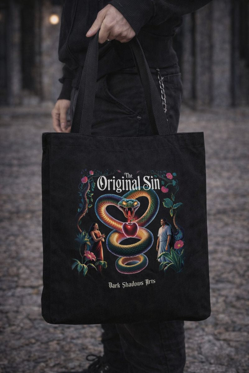 Jutebeutel mit The Original Sin Motiv von Dark Shadows Arts im kunstvollen Alltagslook