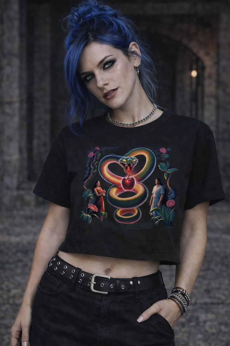 Ladies Cropped Tee mit The Original Sin Motiv von Dark Shadows Arts im provokanten Art-Fashion-Look