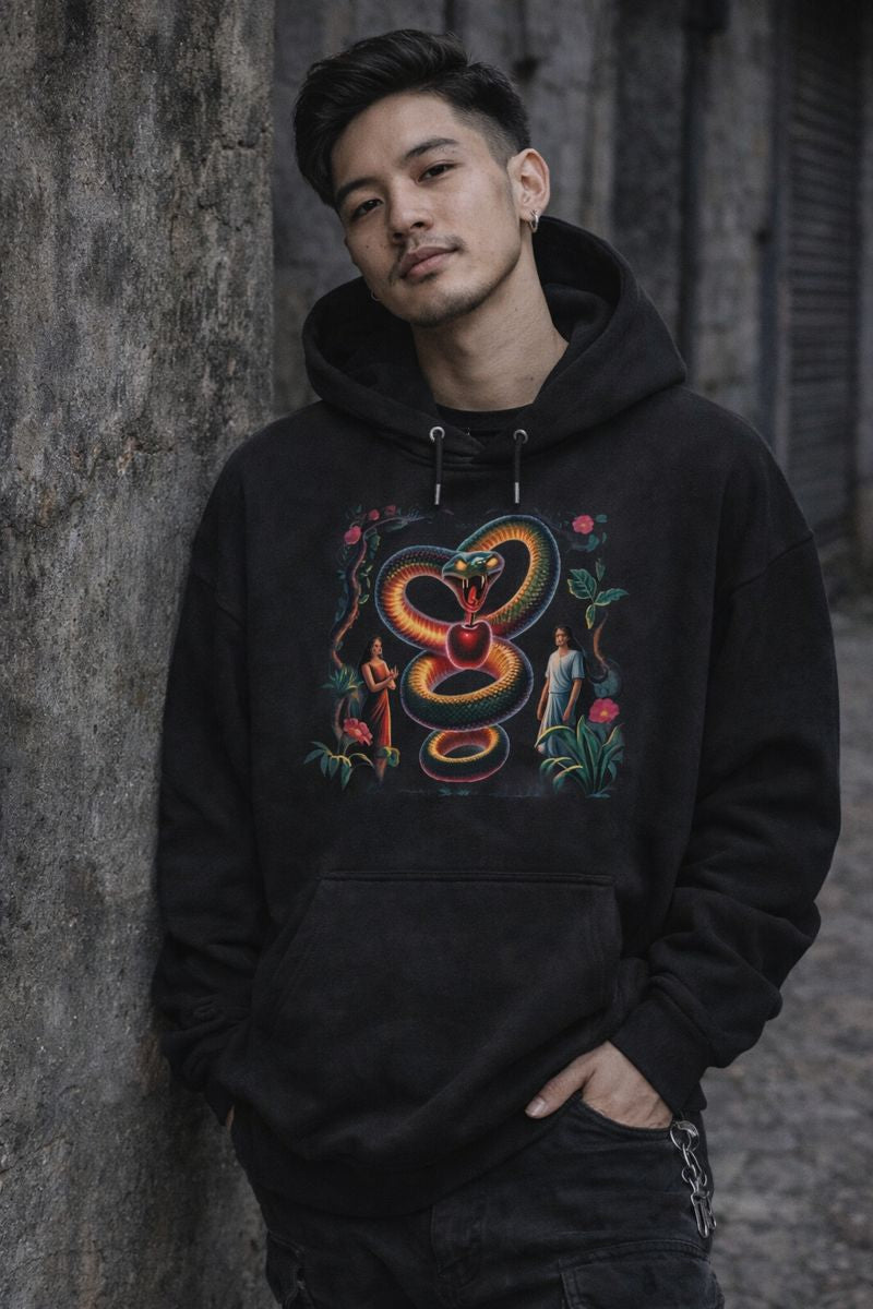 Oversized Hoodie mit The Original Sin Schlangenmotiv von Dark Shadows Arts im epischen Dark-Look