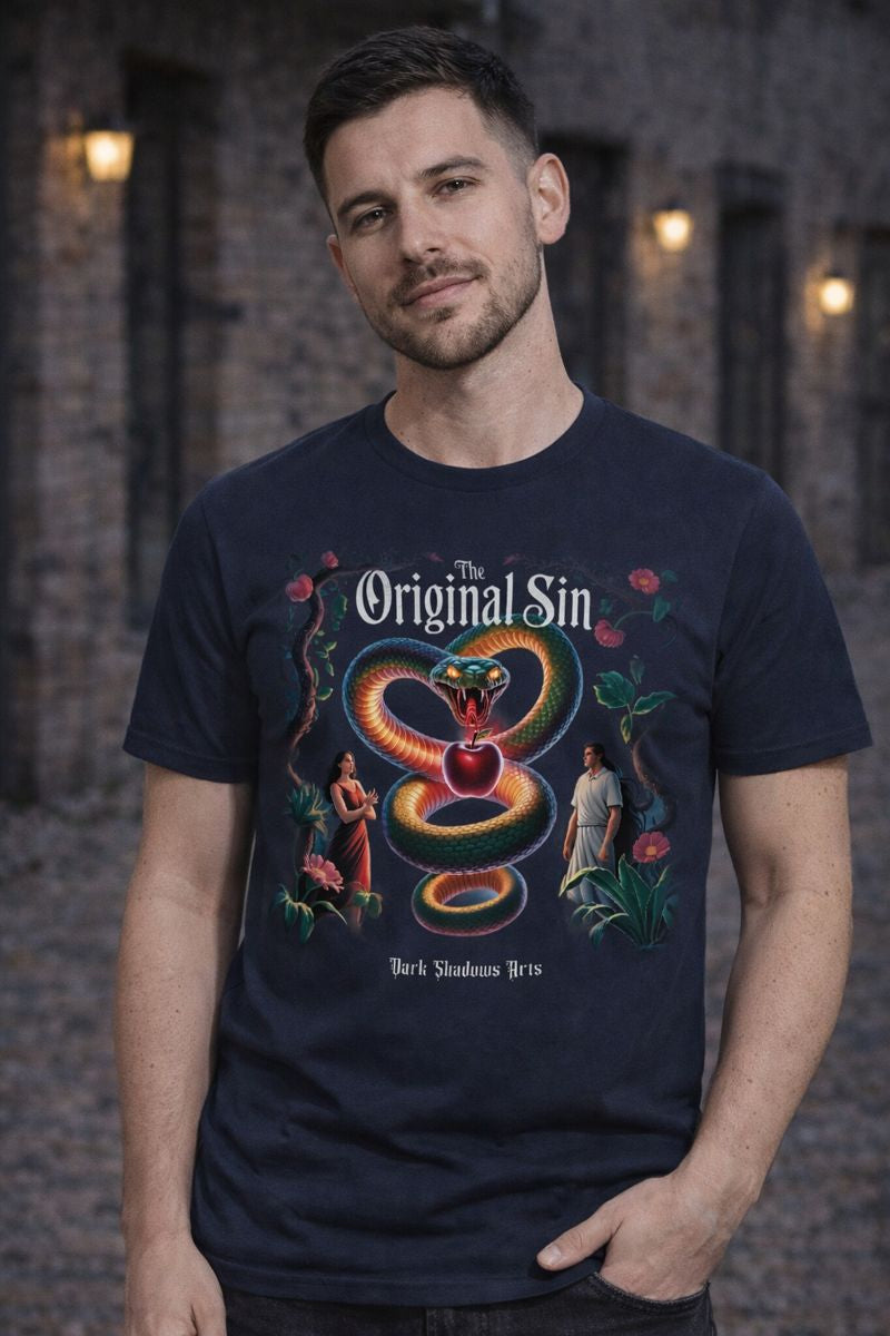 Premium T-Shirt mit The Original Sin Motiv von Dark Shadows Arts im mystischen, dunklen Lifestyle-Setting