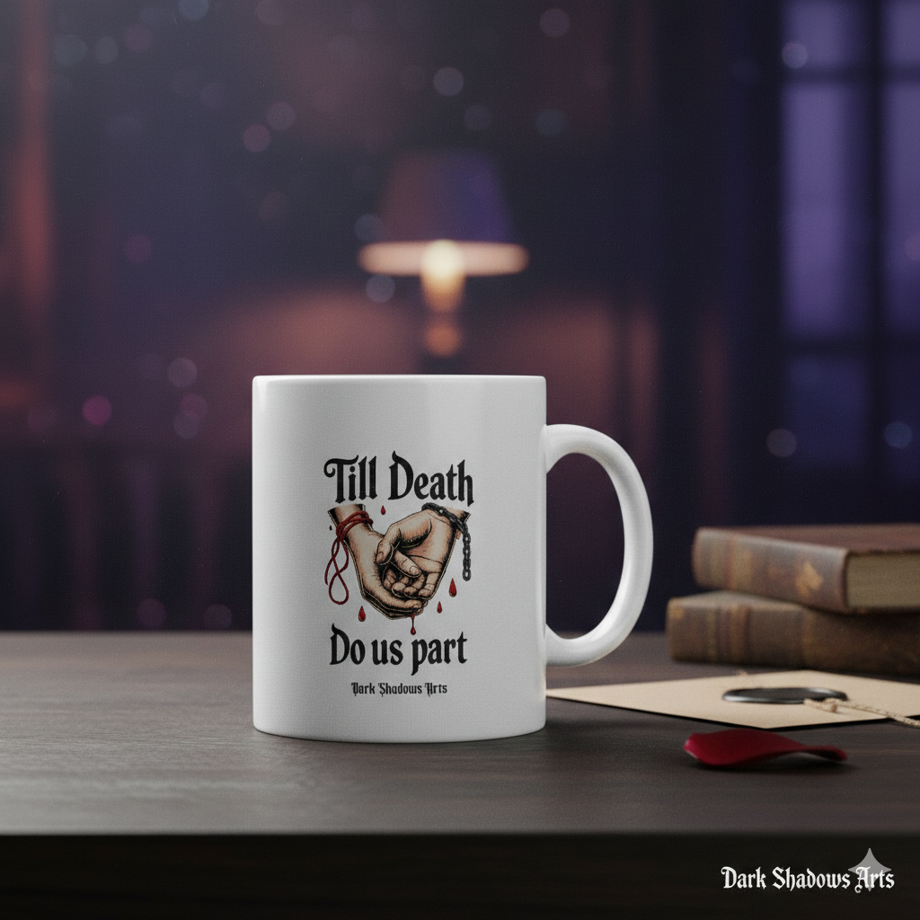 Keramiktasse mit Till Death Do Us Part Motiv von Dark Shadows Arts im düsteren Wohnambiente