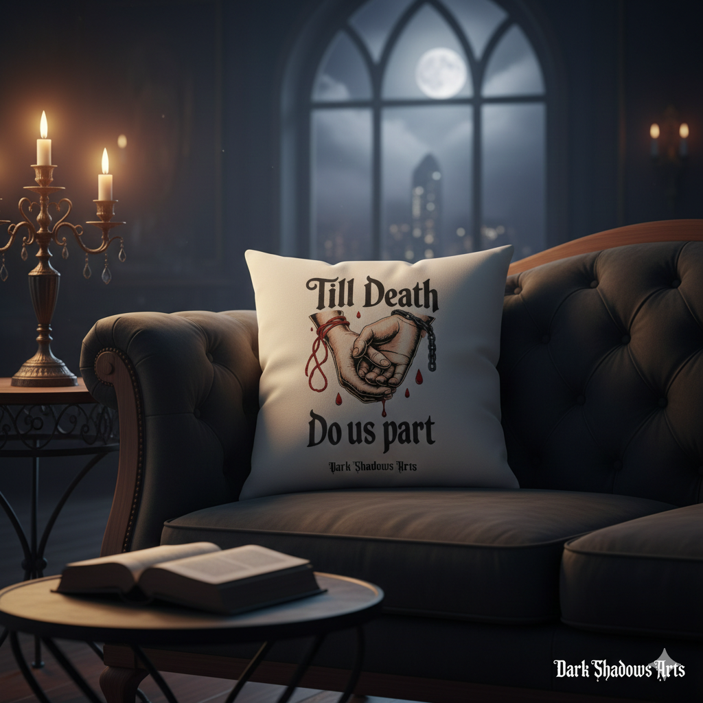 Kissen mit Till Death Do Us Part Motiv von Dark Shadows Arts im intimen Gothic-Wohnsetting