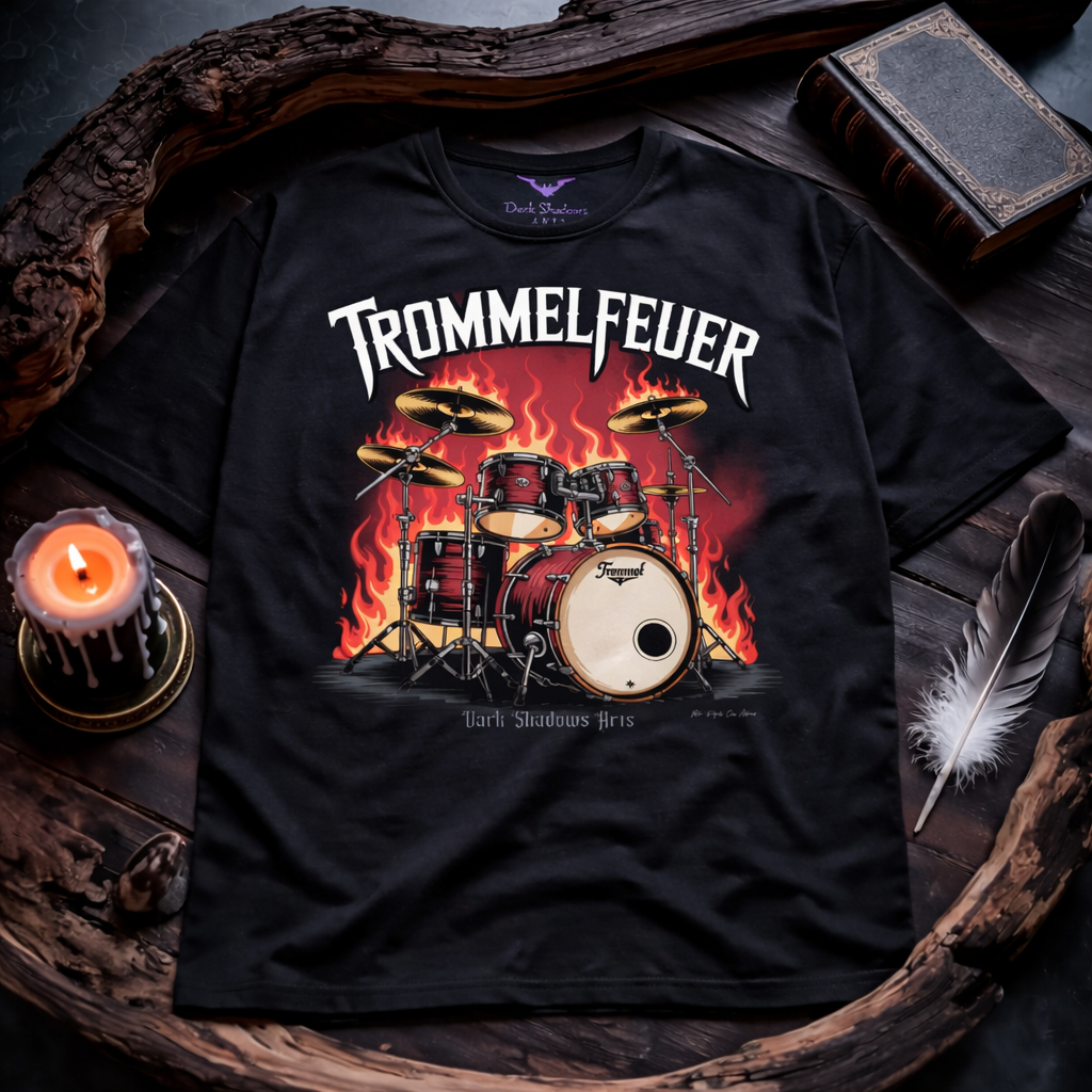 Trommelfeuer – Metal Drummer Heavy Cotton Oversized Shirt von Dark Shadows Arts mit brennendem Schlagzeug-Design im düsteren Dark-Atmosphere-Mockup
