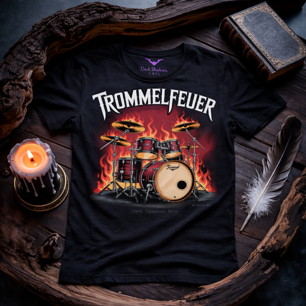 Trommelfeuer – Metal Drummer Premium T-Shirt von Dark Shadows Arts mit brennendem Schlagzeug und Flammen-Design im mystischen Dark-Atmosphere-Mockup