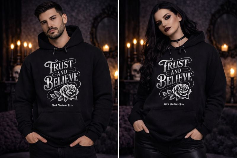 Premium Hoodie mit Trust & Believe Rosenmotiv von Dark Shadows Arts im düsteren, emotionalen Lifestyle-Look