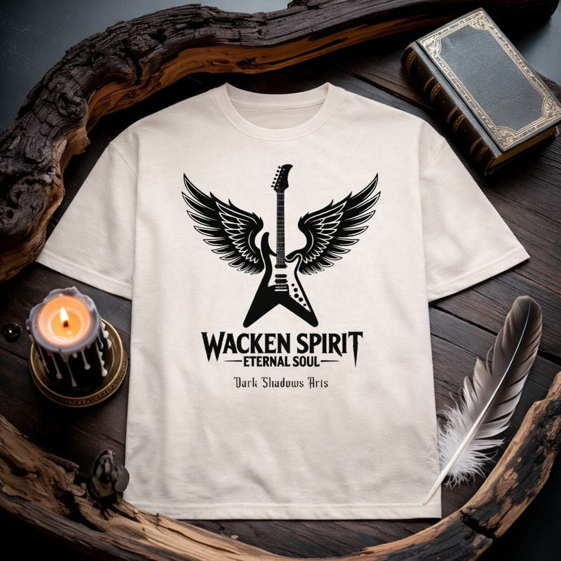 „Dark Shadows Arts Gothic T-Shirt Wacken Spirit – Eternal Soul im düsteren Flatlay-Mockup mit Kerze, Feder und Buch, Dark Gothic Decibels Design“