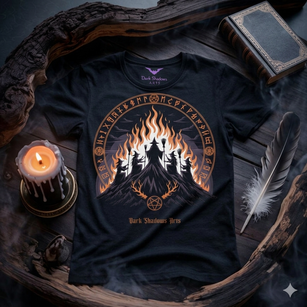 Schwarzes T-Shirt mit Hexen-Runen-Design liegt auf rustikalem Holz, umgeben von Kerze, Buch und Feder