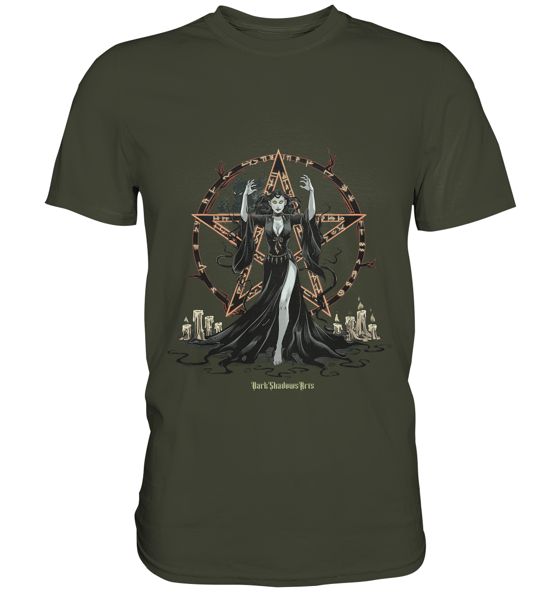 Dark Sorceress Pentagram – Zauberin mit Runen & Kerzen - Premium Shirt | Unisex - Shirts | Dark Shadows Arts